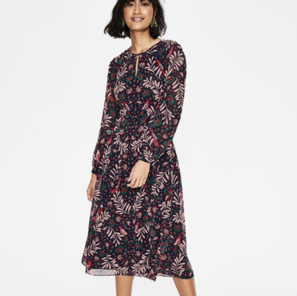 Boden Ada Midi Print, Navy Tropical Jungle in 8 Petite